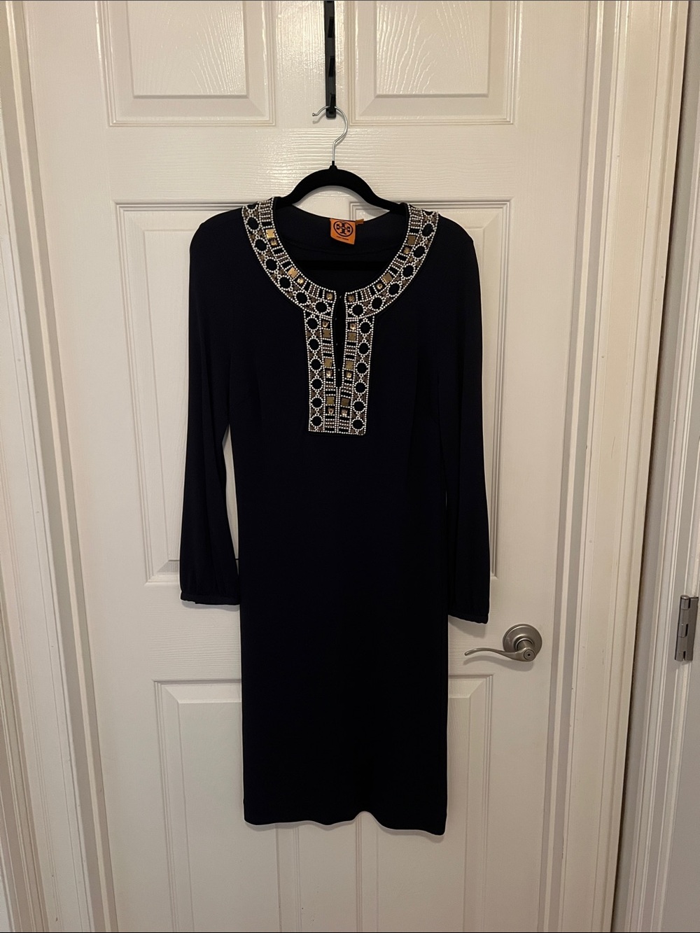 Tory Burch Black Long-Sleeve Tunic Dress with Cream & Gold Trim
